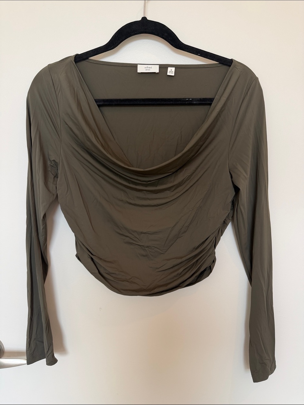 Aritzia Wilfred Parfait Cowl Neck Ruched Long Sleeve Top - Dark Olive, M